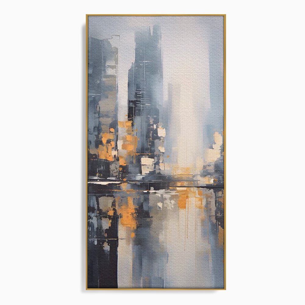 Tablou canvas cu pictura abstracta cu cladiri si reflexii, in rama de aluminiu auriu